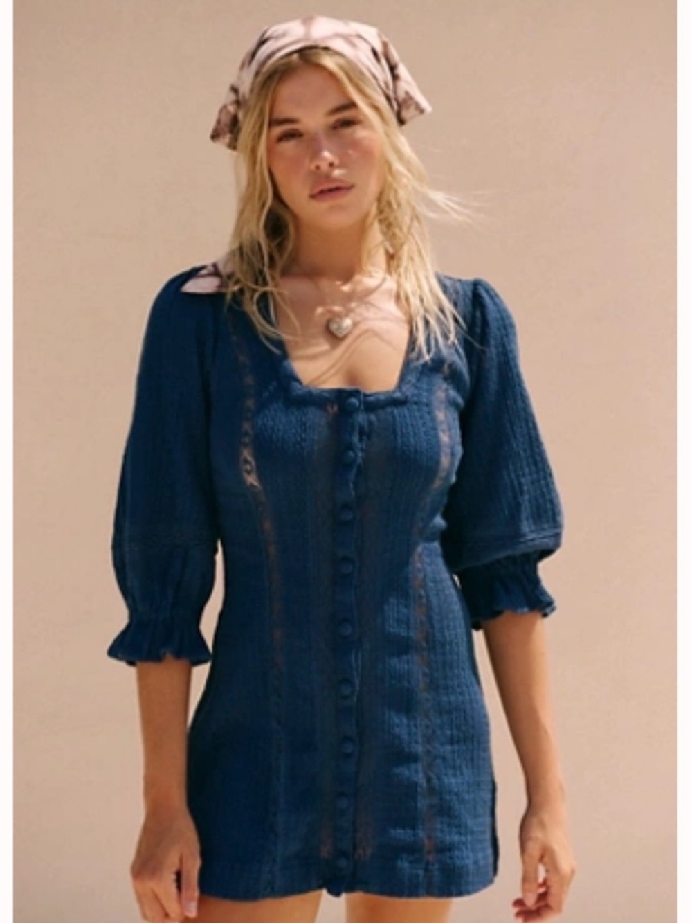 Free People Jules Mini Dress Navy Blue with Button Front Size XL